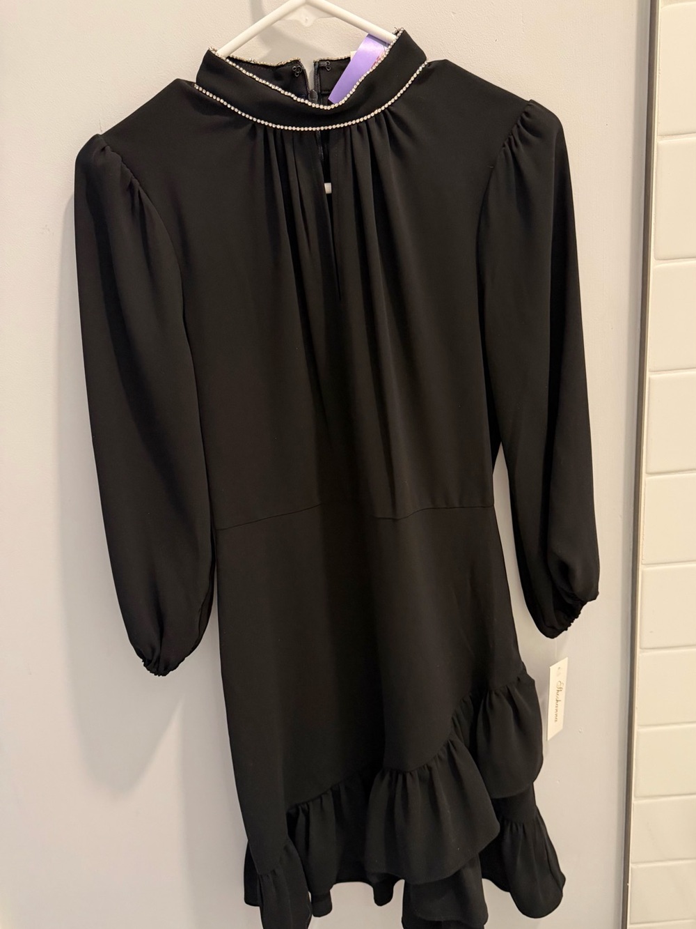 Shoshanna Long-Sleeve Ruffle Hem cocktail Dress with crystal Neckline